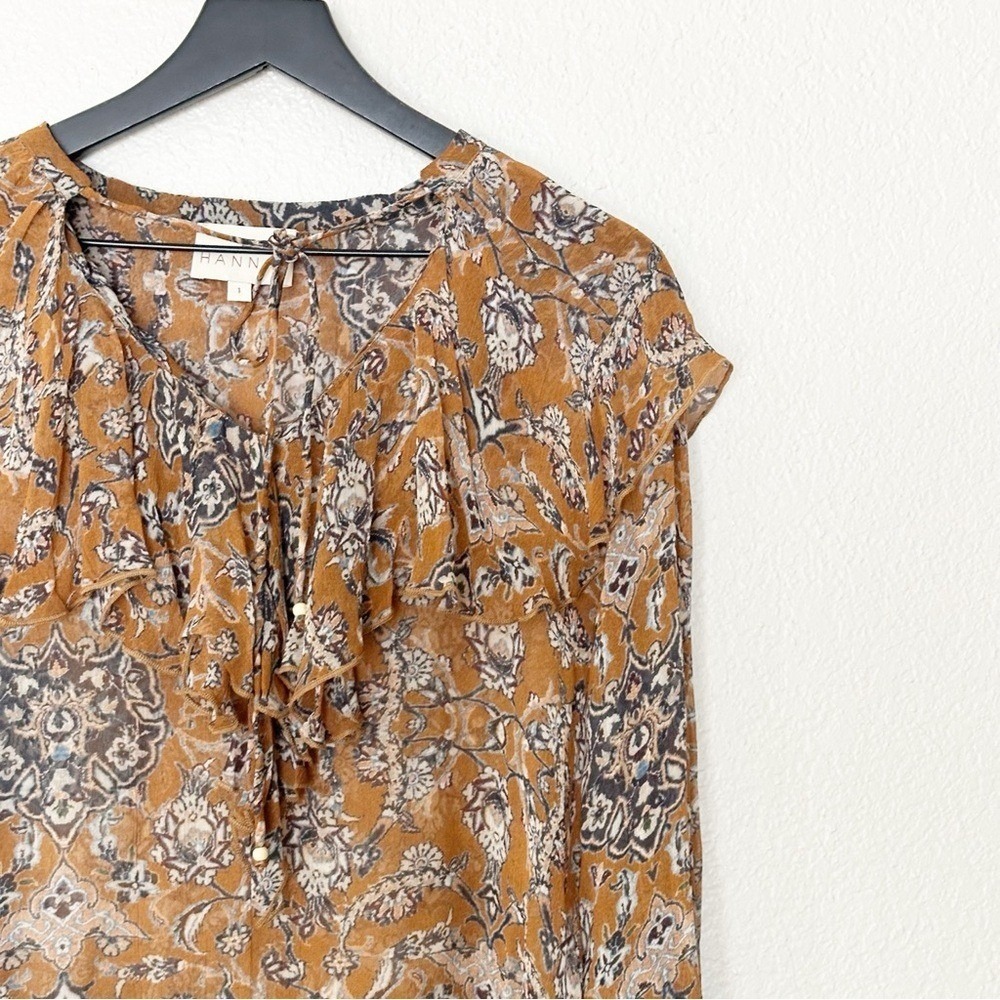 Hannah Artwear‎ Women's Boho Sheer Floral Ruffle Tie Neck Blouse Top Size 1 - Picture 3 of 9